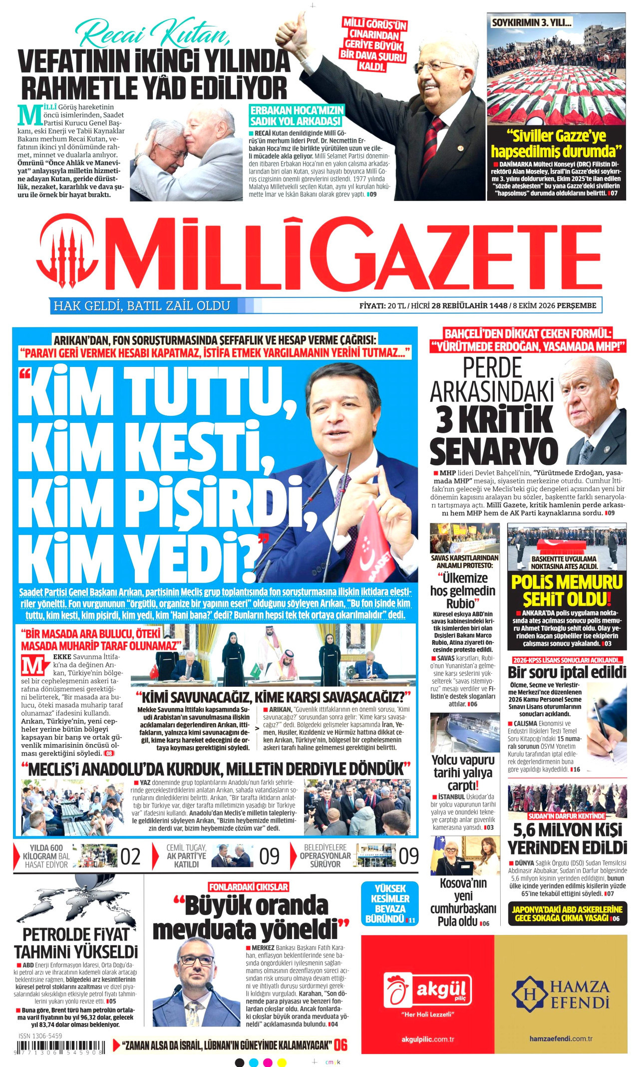 Milli Gazete Gazetesi gazetesi manşeti