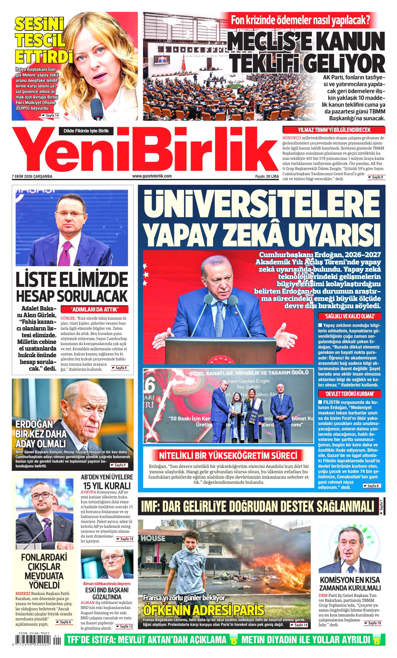 YeniBirlik Gazetesi gazetesi manşeti