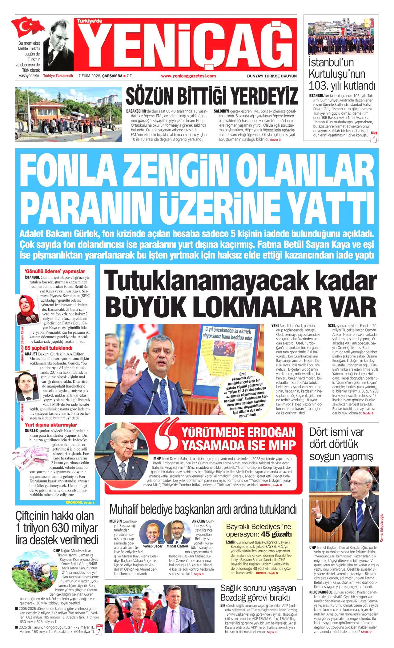Yeniçağ Gazetesi gazetesi manşeti